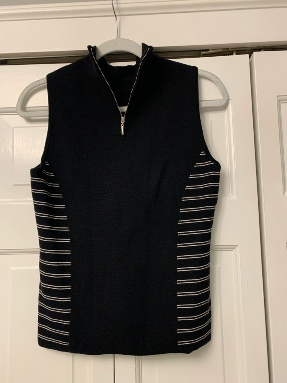 White House Black Market Black Sleeveless  Zip Mock Neck Top with White Stripes